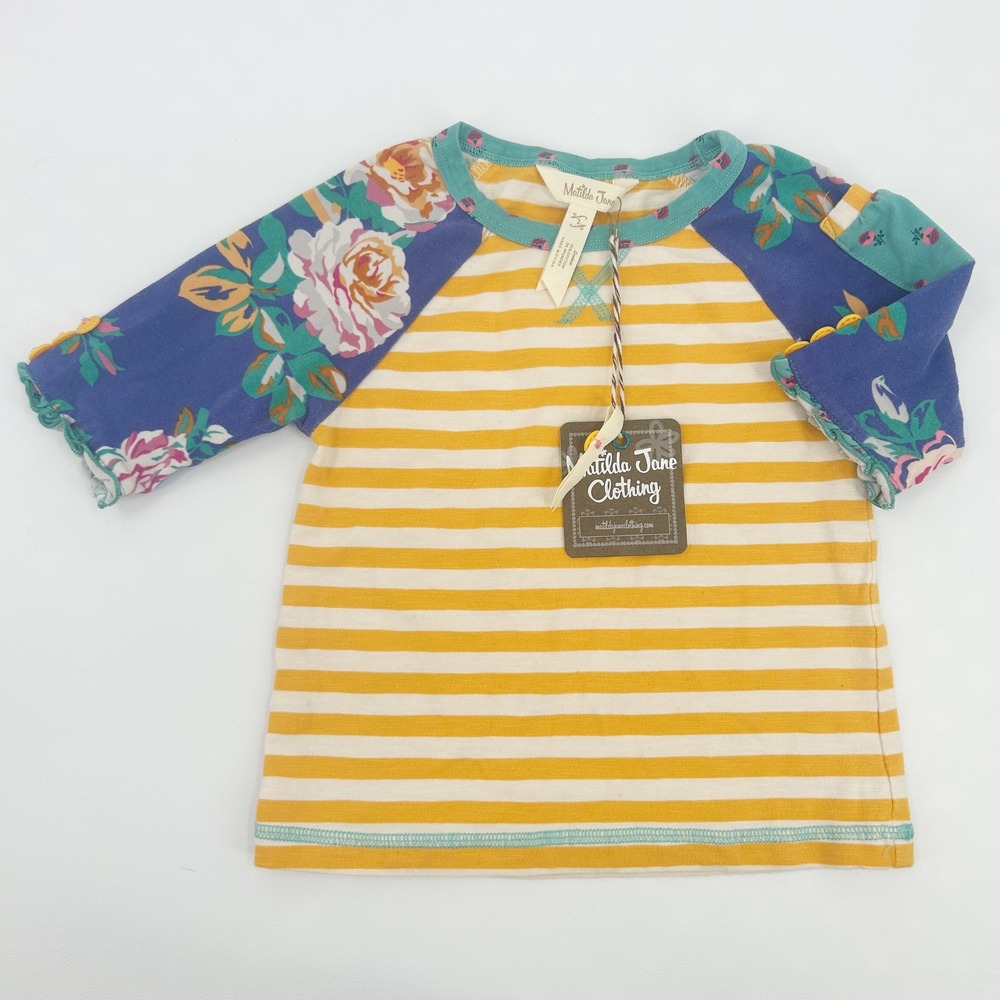 NWT Matilda Jane Moments With You School Days Tee Yellow Stripes‎ Blue Floral 2T